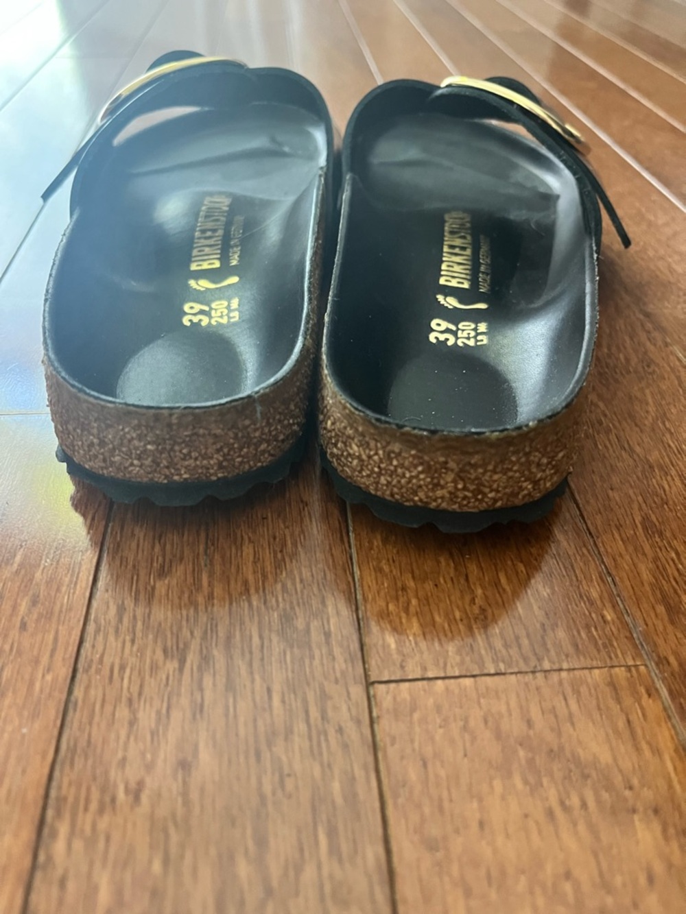 Birkenstock Black Single-Strap Sandals with Gold Buckles - Picture 4 of 5